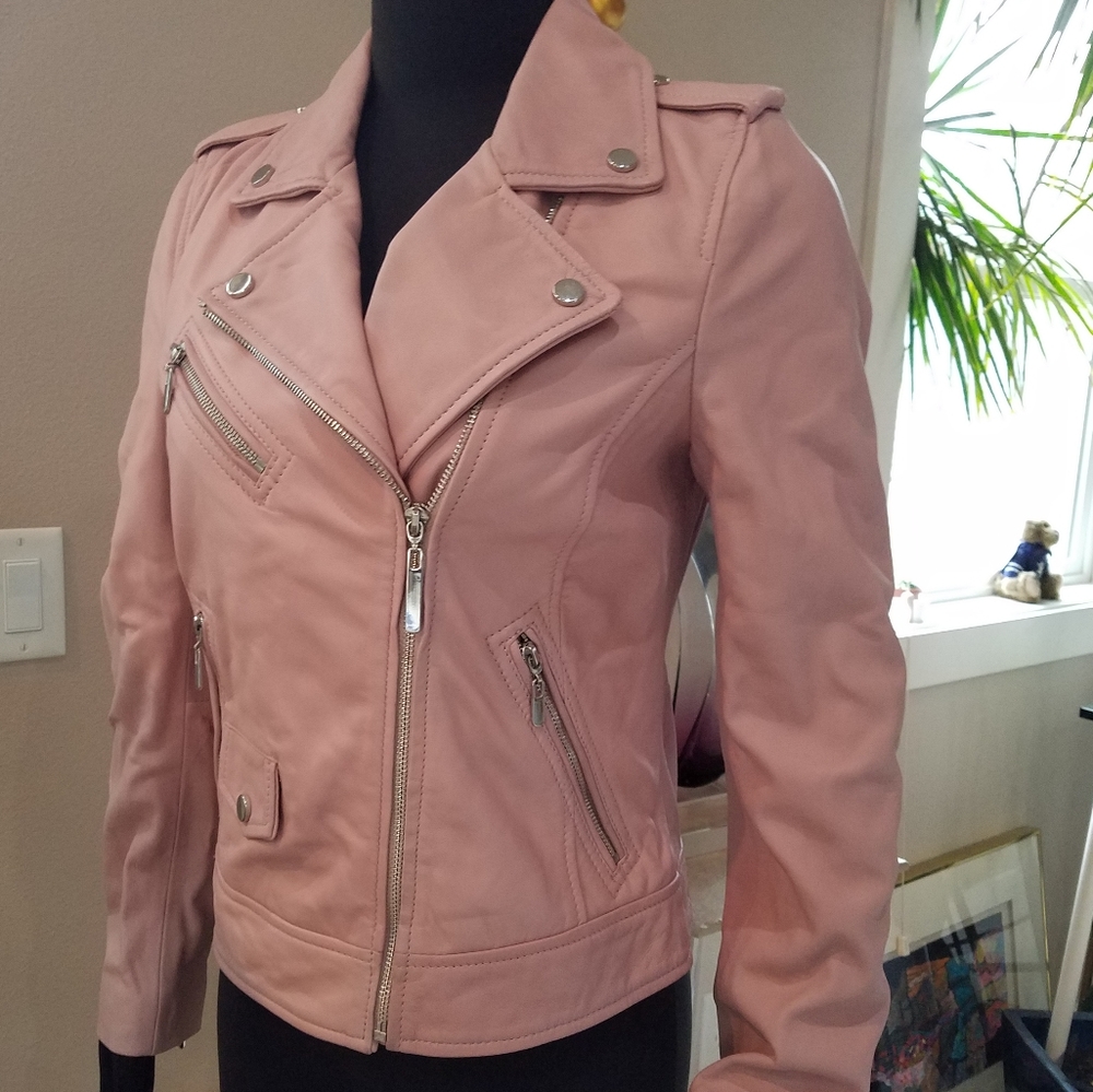 Wilsons Luxe Leather Moto Jacket Vintage Style Dusty Pink Silver Tone Hdwr S NWT - Picture 13 of 14